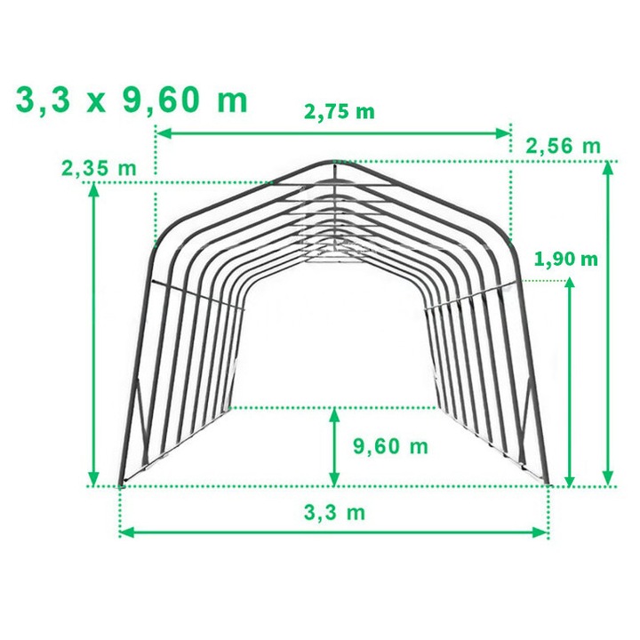 Garaj mobil PVC 720HD, 3,3x9,6m, rezistent la foc, structura din otel, inaltime 2,6m