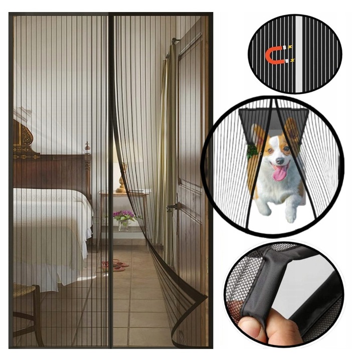 Moskitera magnetica pentru usi, 90x200cm, protectie impotriva insectelor, transparent cu linii negre, montaj simplu
