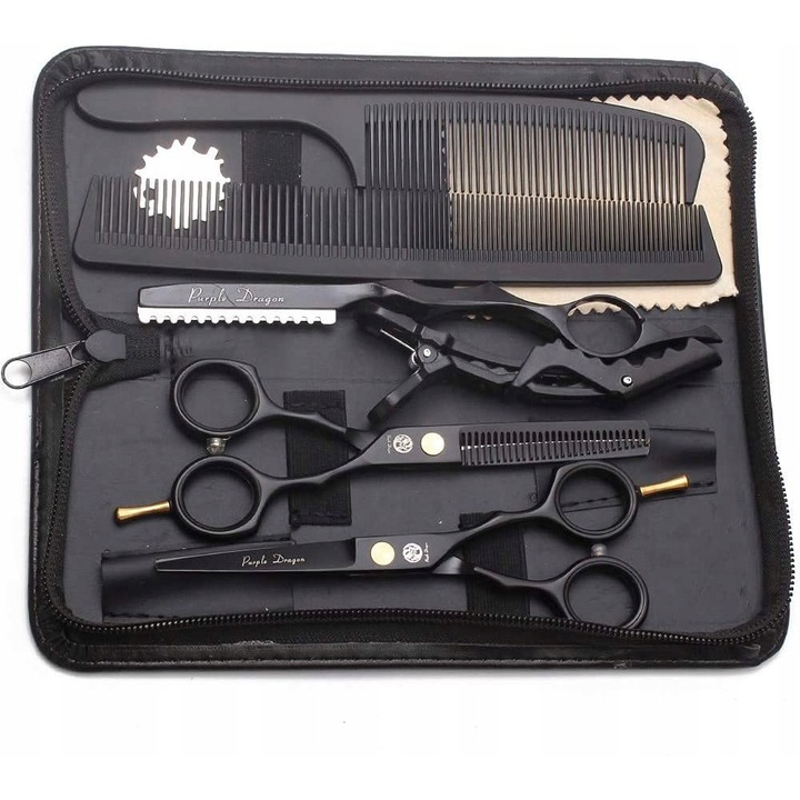 Foarfece de tuns, 5,5 inch, set, Fioletowy Smok, din otel inoxidabil, negru