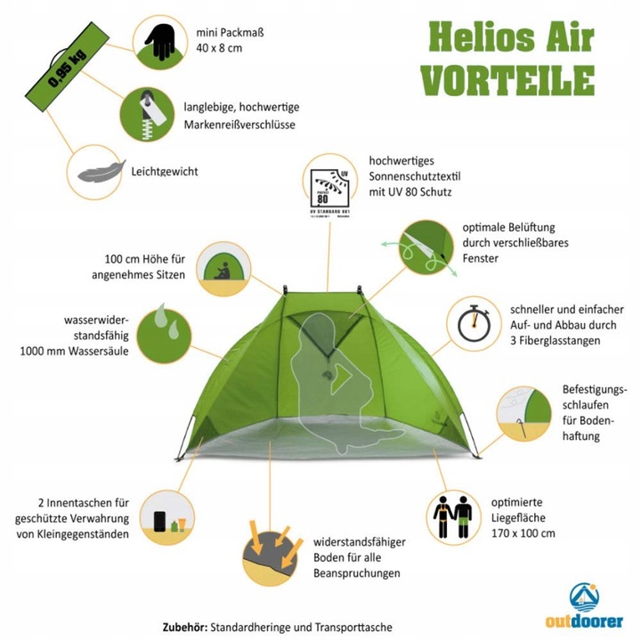 Плажна палатка Outdoorer, UV 80, затворен прозорец, вентилирана, 170x100x100см