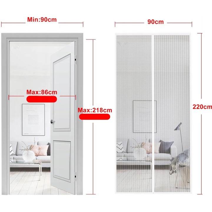 Moskitera magnetica pentru usi, 90x220cm, protectie impotriva insectelor, montare usoara, set inclus