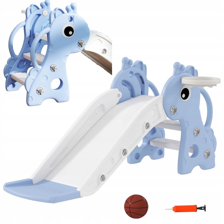 Tobogan copii AIYAPLAY, model Zana, albastru si alb, 106x51,5x52cm, set cu cos de baschet si minge