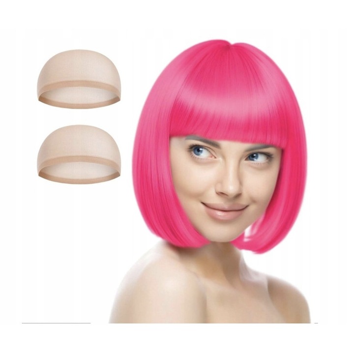 Peruca roz pentru femei, set cu 2 caciuli, 32cm, ideala pentru Halloween
