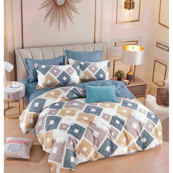 Lenjerie de pat dublu, 2 persoane, bumbac Finet, 6 Piese, Cearceaf de pat cu elastic 230x250 cm, Cearceaf pilota 200 x 230 cm, 2 fete de perna 70 x 70 cm, 2 fete de perna 50 x 70cm, MHR-1825