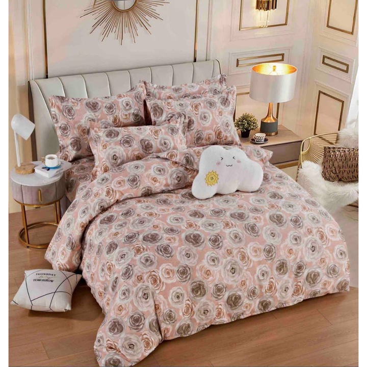 Lenjerie de pat dublu, 2 persoane, bumbac Finet, 6 Piese, Cearceaf de pat cu elastic 230x250 cm, Cearceaf pilota 200 x 230 cm, 2 fete de perna 70 x 70 cm, 2 fete de perna 50 x 70cm, MHR-1826