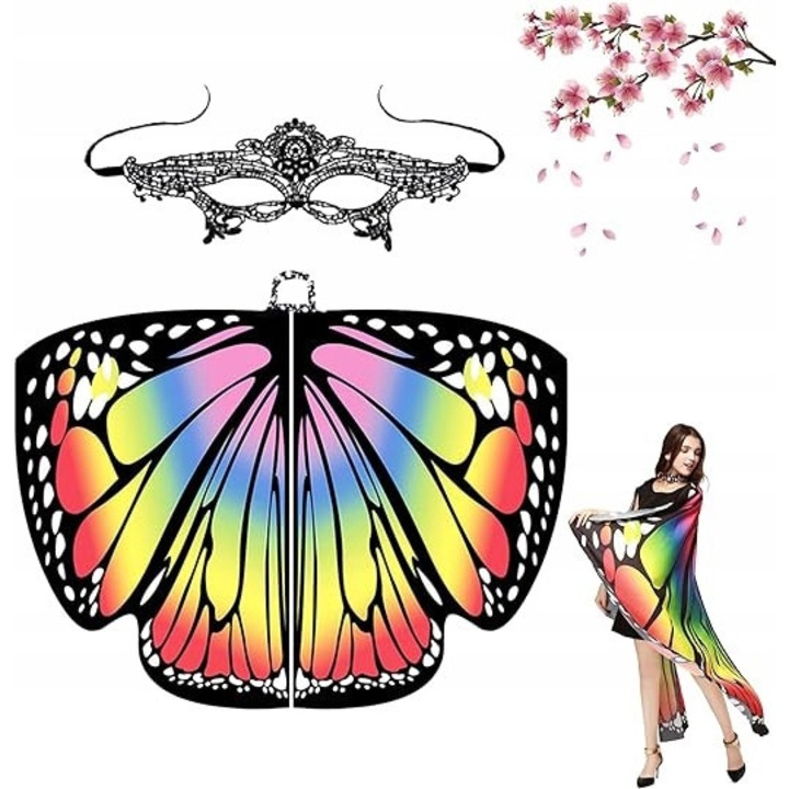 Costum de motyl cu peleryna si masca, design colorat, dimensiune universala, set complet
