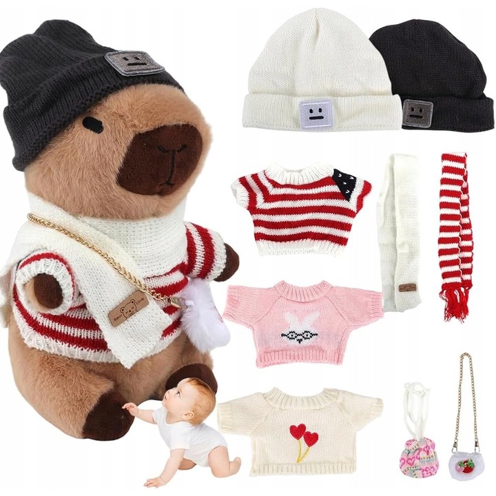 Capibara de plus, 23 cm, set cu accesorii (caciula, hainute, esarfa, poseta), multicolor