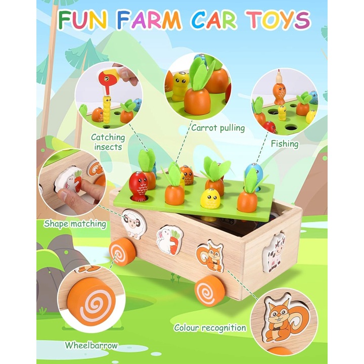 Puzzle educational din lemn, set cu 8 animale, 4 morcovi, 4 viermi, pentru copii 1-3 ani, multicolor