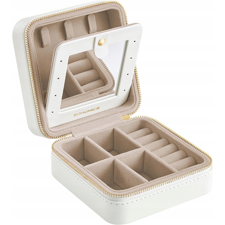 Кутия за бижута, Songmics, компактна, с огледало, бяла, 11,4x11,4x5,5см