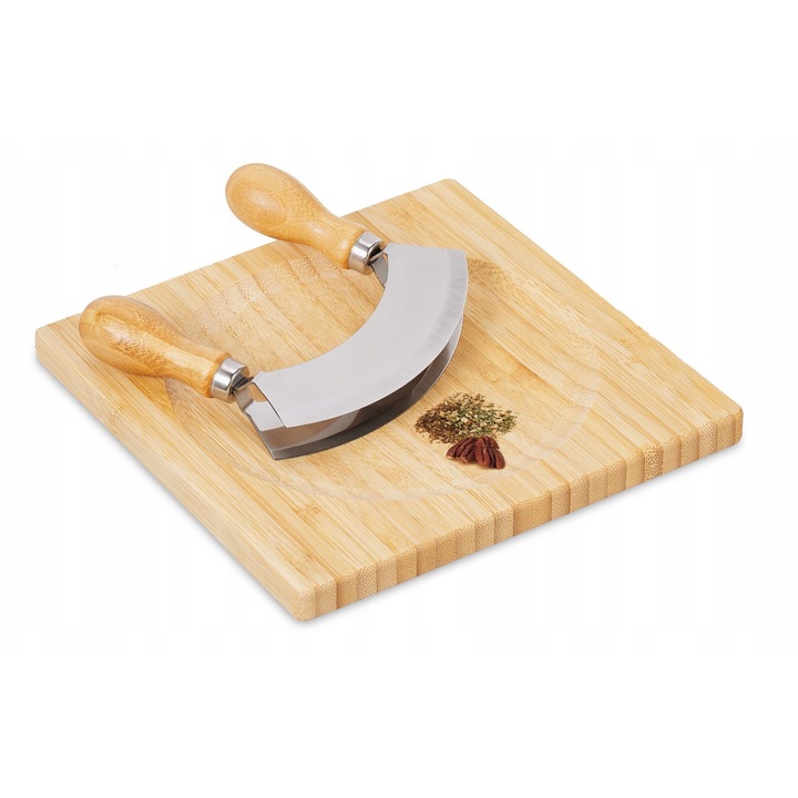 Set de taiere cu cutit, Relaxdays, cutit dublu din inox si placa de taiat din bambus, 12,5x13,5x2,5cm, 1,5x20x20cm, culoare: maro, argintiu