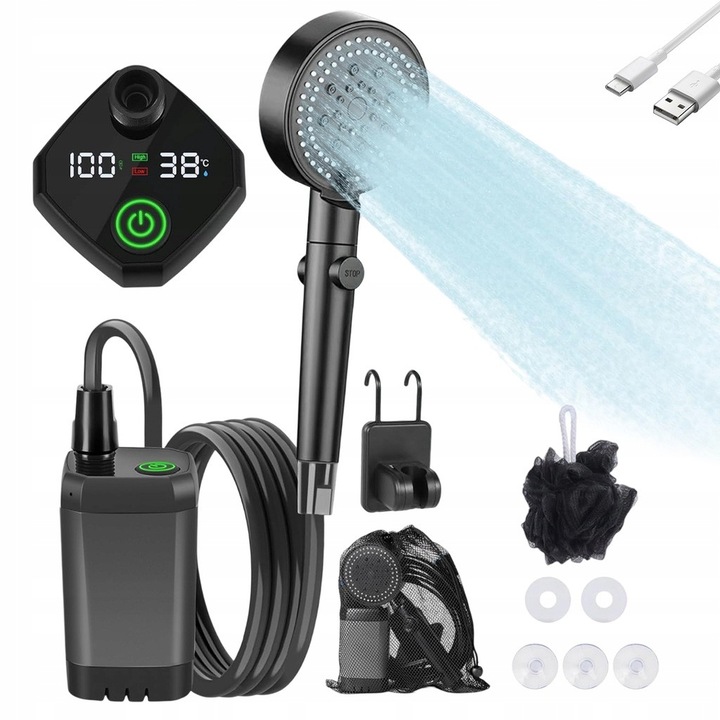 Dus electric portabil pentru camping, 6000mAh, 2 moduri, cu display LED, set complet