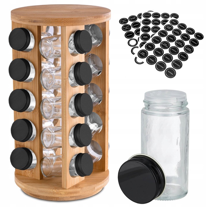 Suport rotativ pentru condimente din bambus cu 20 de borcane, 100 ml, 36x19,5cm, natural