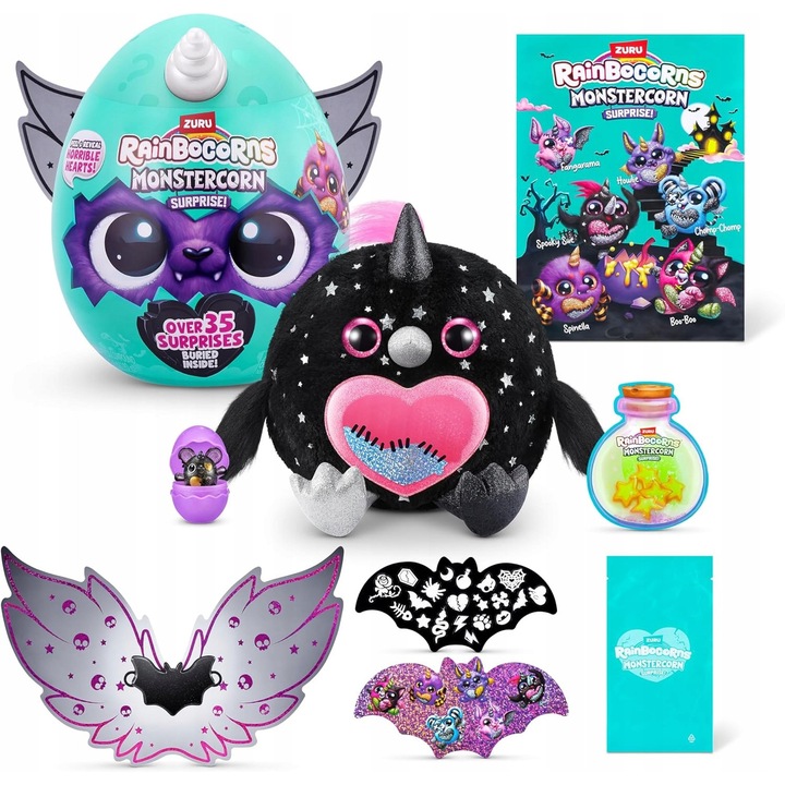 Jucarie de plus Rainbocorns Monstercorn, plus moale, negru, set cu accesorii, pentru copii 4+