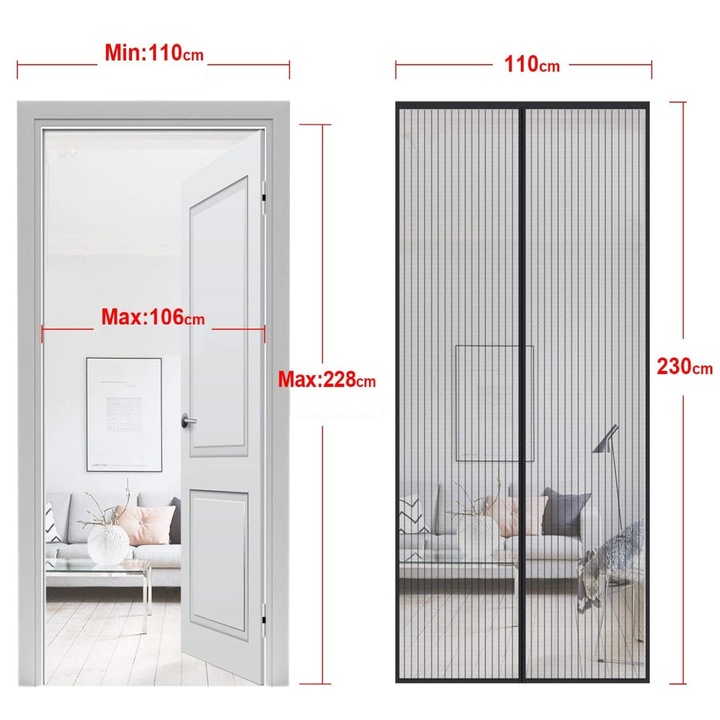 Moskitiere magnetica pentru usi, 110x230cm, transparenta cu linii negre, set complet