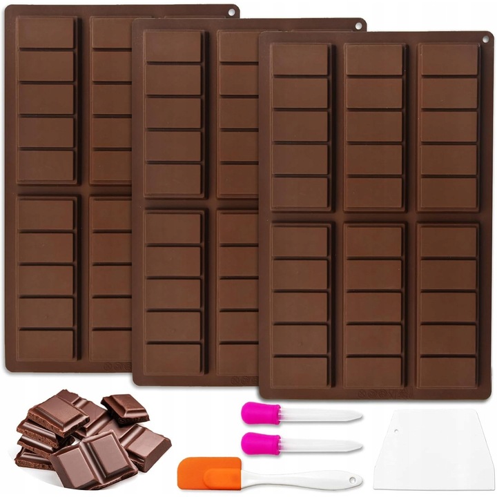Set forme siliconice pentru ciocolata, 3 bucati, 18 praline, cu spatula si pipeta, multicolor