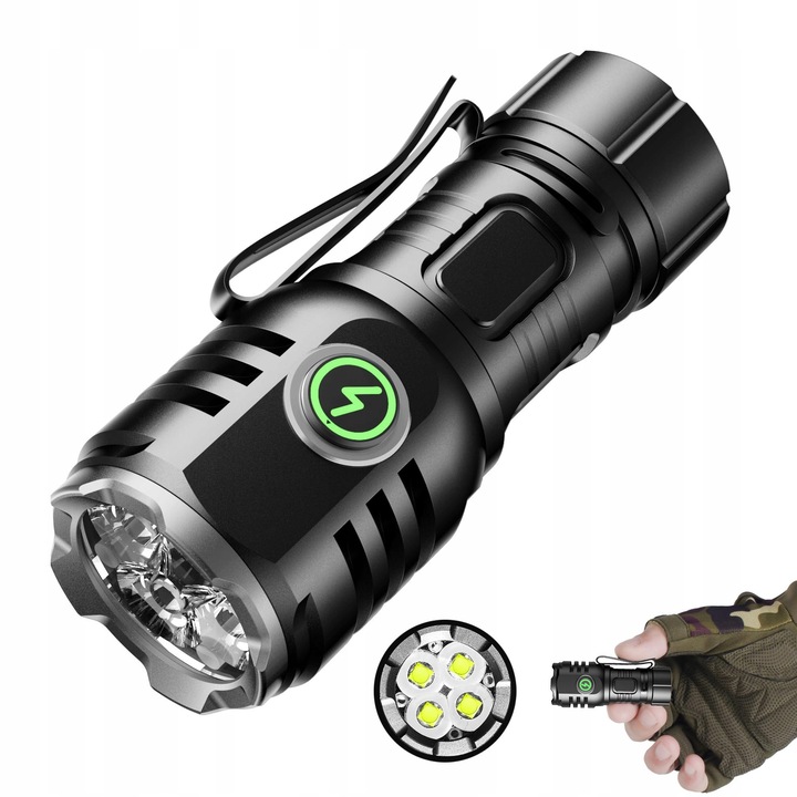 LED фенер 6000 лумена, 8 режима, компактен, водоустойчив, 6.8см, комплект с кабел за зареждане и кутия за съхранение