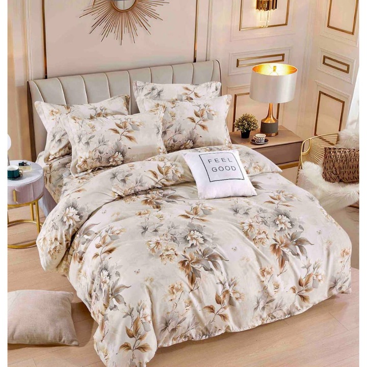 Lenjerie de pat dublu, 2 persoane, bumbac Finet, 6 Piese, Cearceaf de pat cu elastic 230x250 cm, Cearceaf pilota 200 x 230 cm, 2 fete de perna 70 x 70 cm, 2 fete de perna 50 x 70cm, MHR-1829