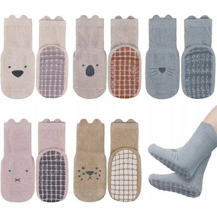 Sosete antiderapante pentru bebelusi, set de 5 perechi, multicolor, 15-20 cm, 0-12 luni