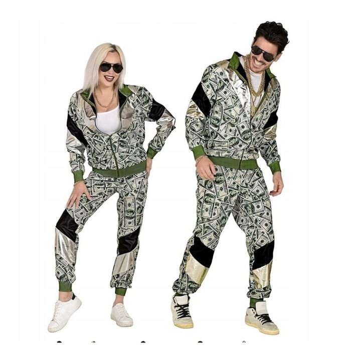 Costum disco party anii 80-90 Widmann, cu bluza si pantaloni, imprimeu dolari, negru-argintiu, XL