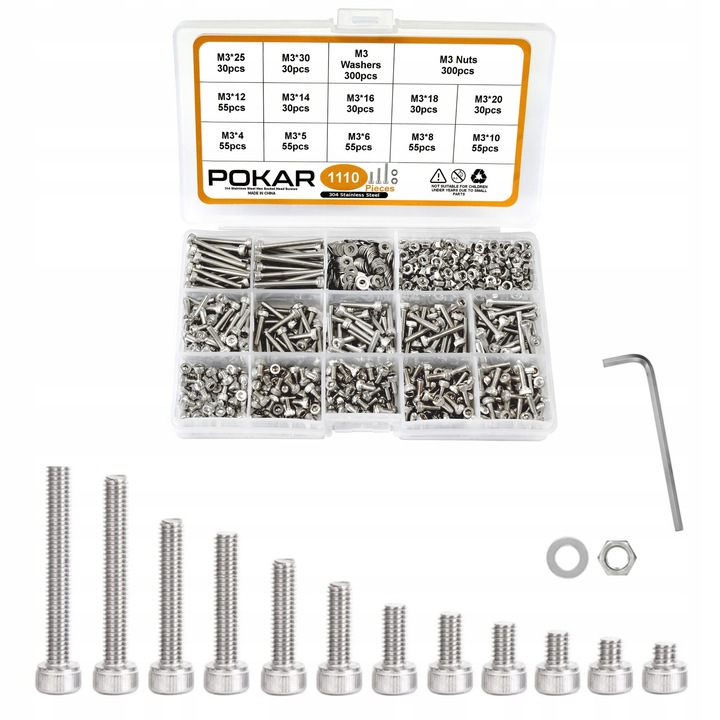 Set suruburi, piulite si rondelle POKAR 1110 piese, otel inoxidabil, diverse dimensiuni