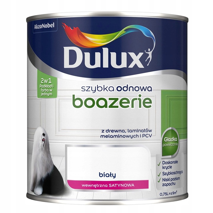 Vopsea renowatoare Dulux Szybka Odnowa, 0,75L, alb satinat, pentru boazerii si panouri interioare