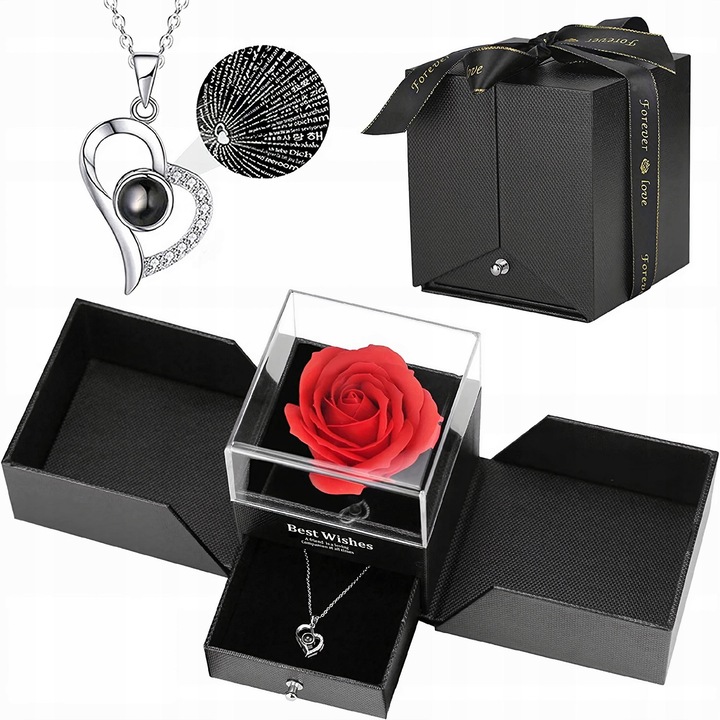 Trandafir etern in sticla cu colier, set cadou, 30x15cm, Modebelle