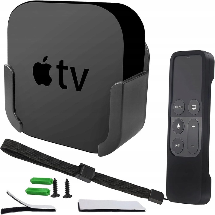 TV tartó Apple TV 4/5-höz, fekete, szilikon tokkal a távirányítóhoz