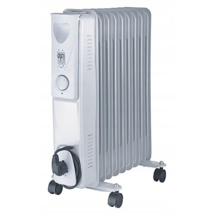 Calorifer electric olejowy 2000W, 9 zeberek, alb, cu termostat reglabil, mobilitate sporita