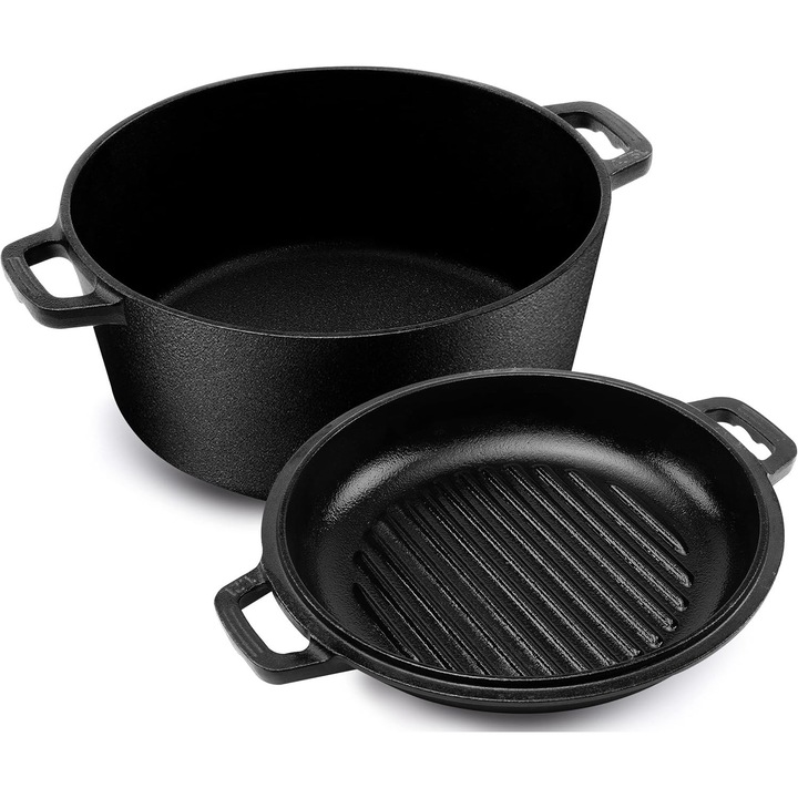 Oala de fonta, 2 in 1, pentru prajire si gatire, cu capac, negru