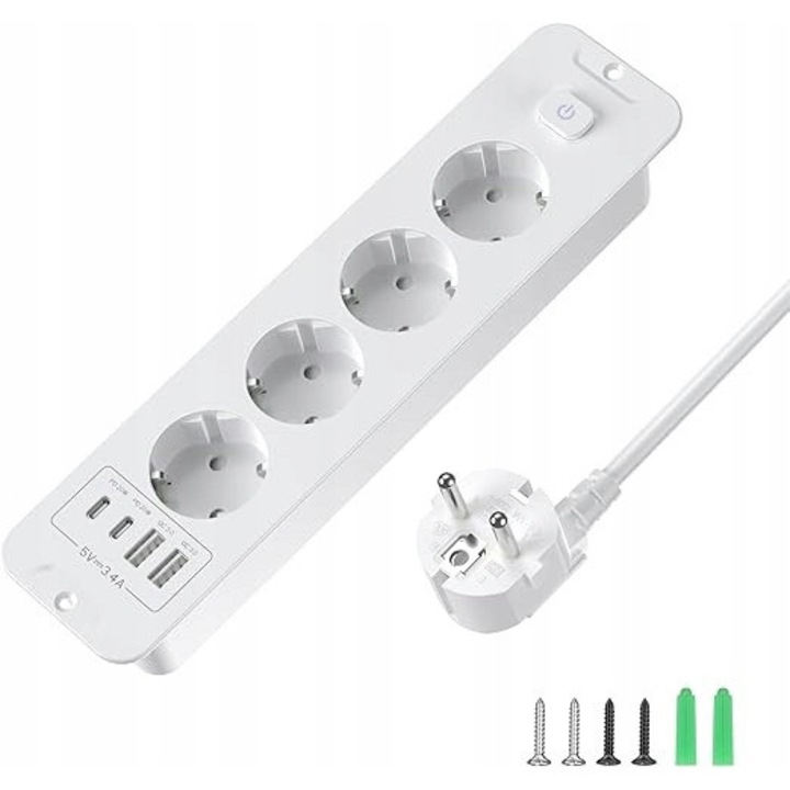 Разклонител с 4 контакта Schuko, 2 USB-A порта, 2 USB-C порта, 2м, бял