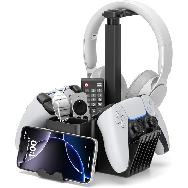 Rendszerező, 5 az 1-ben, kontroller tartó, fejhallgató tartó, telefontartó, fekete