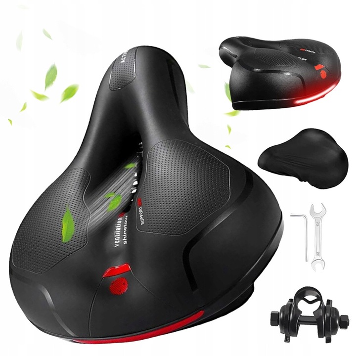 Saddle ergonomic pentru bicicleta, negru-rosu, 25x20x9cm, cu amortizare si protectie waterproof, set complet