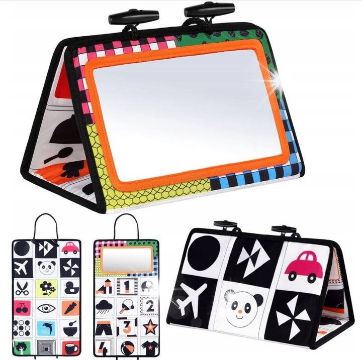 Puha szenzoros könyv tükörrel, fekete-fehér, újszülötteknek