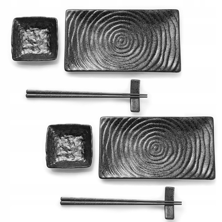 Set pentru sushi, 8 piese, 2 farfurii, 2 boluri, 2 perechi de betisoare, ceramica, stil japonez
