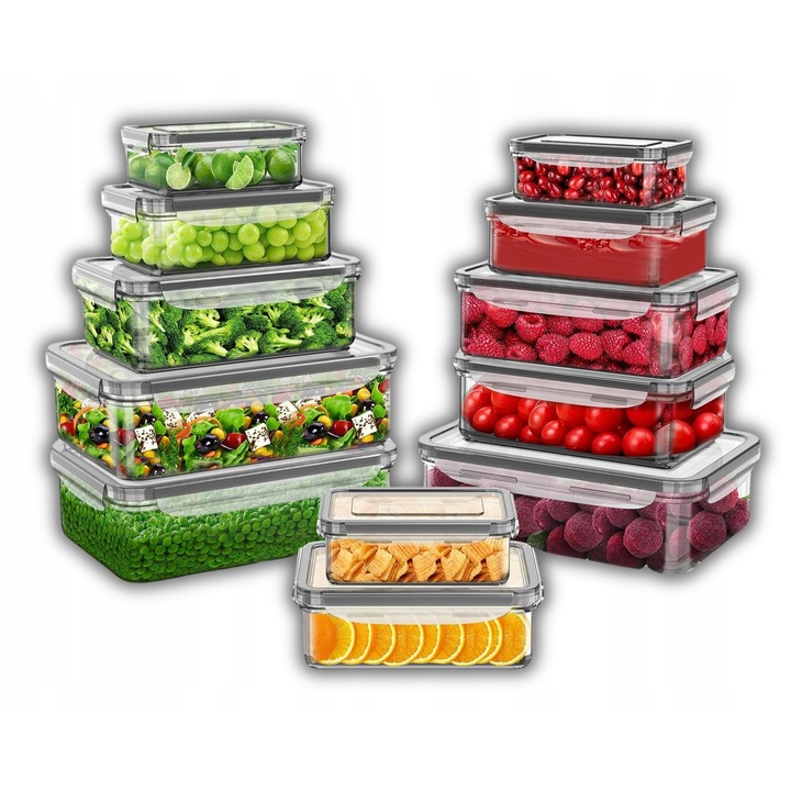 12 db átlátszó élelmiszertároló doboz készlet, különböző méretek, strapabíró, légmentesen záródó fedéllel
