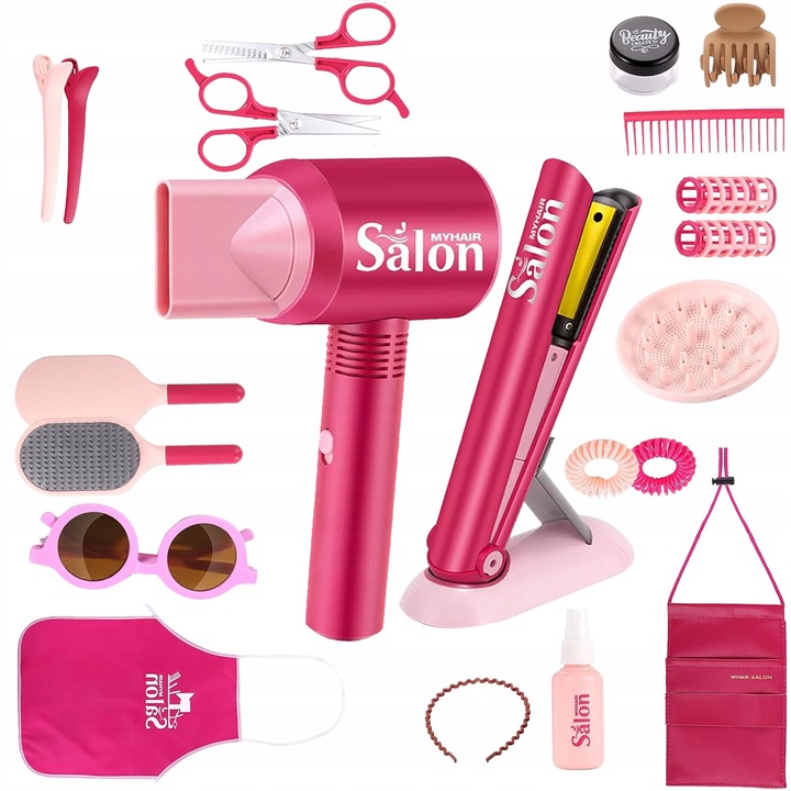 Set frizerie pentru copii, uscator de par, piepteni, placa de indreptat, roz