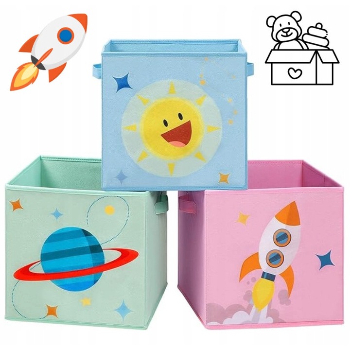 Set 3 cutii depozitare pliabile, design cosmic, mix culori, 30x30x30cm