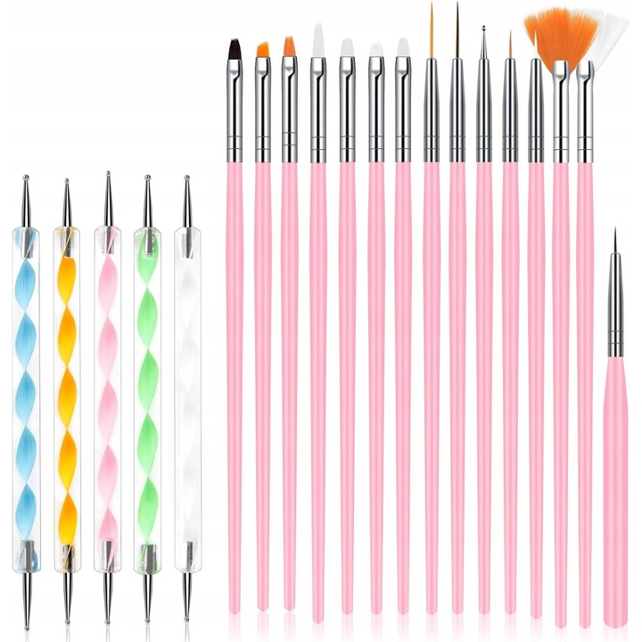 Комплект четки за стилизиране на нокти, 15 елемента, розов