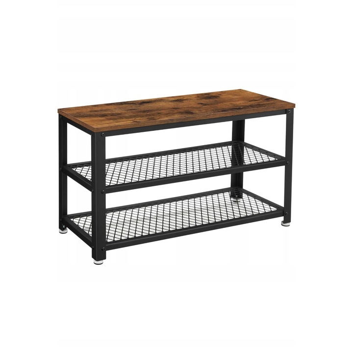 Banca pentru pantofi, vintage, 2 rafturi, brun-negru