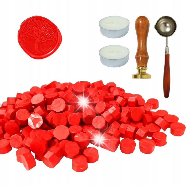 Set de sigilii din ceara, 200 bucati, cu stampila, lingurita si lumanari tip tealight, dimensiuni 9mm, rosu