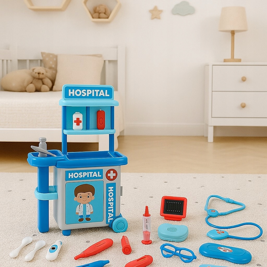 Set joaca doctor cu 24 accesorii, carucior si valiza, pentru copii