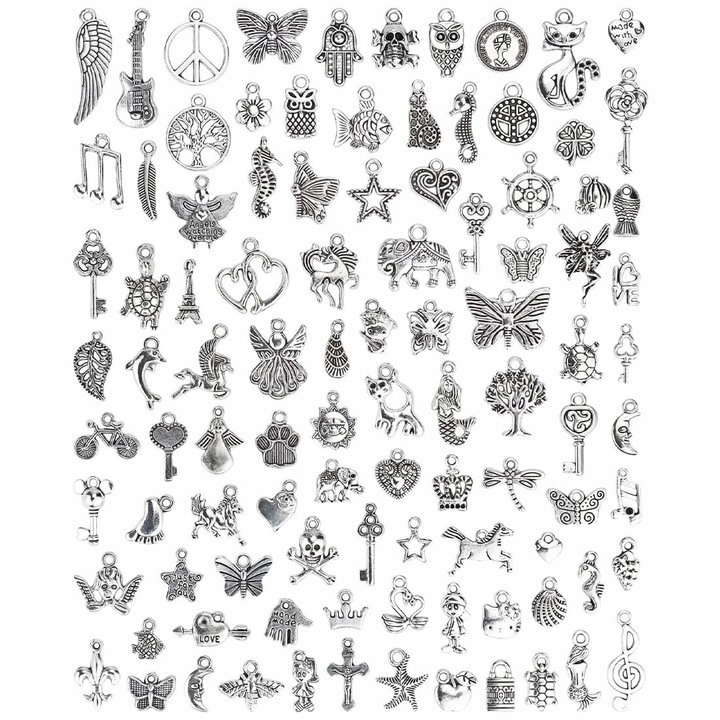 Set 100 pandantive pentru bijuterii, accesorii vintage, argintiu