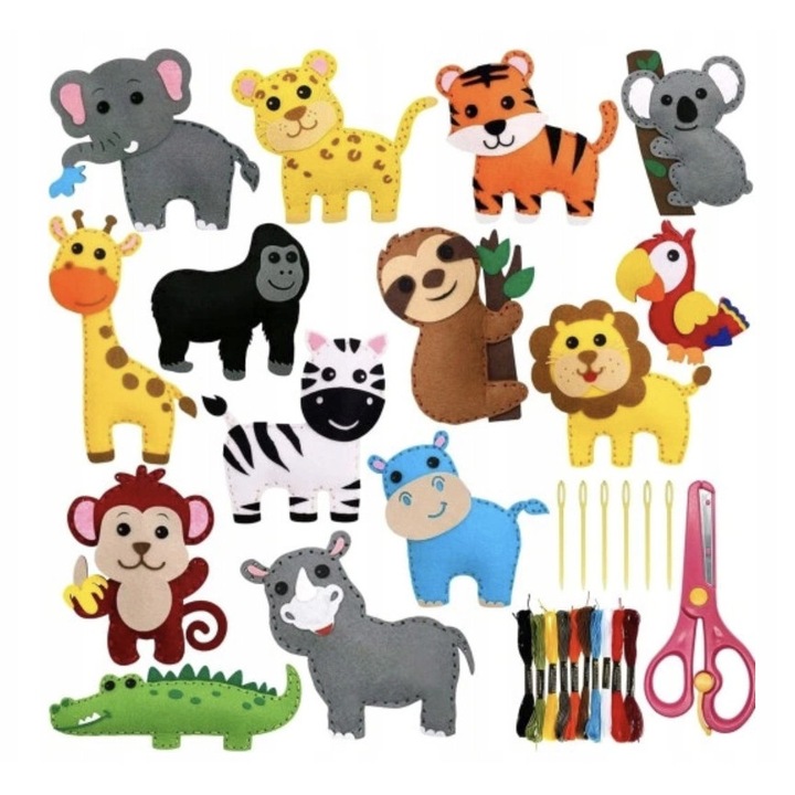 Set de cusut pentru copii, animale din fetru, 21 de piese, multicolor, 6+ ani