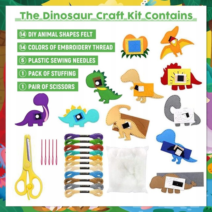 Set de cusut pentru copii, dinozauri, 14 piese, multicolor