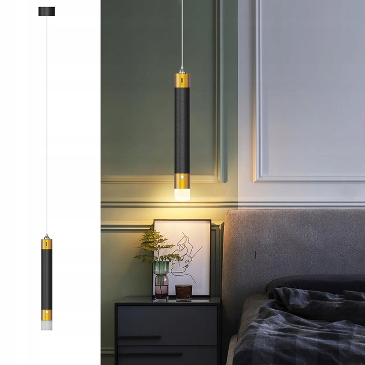 Цилиндрична LED висяща лампа, 4500mAh, черна със златисто, 33см, безжична