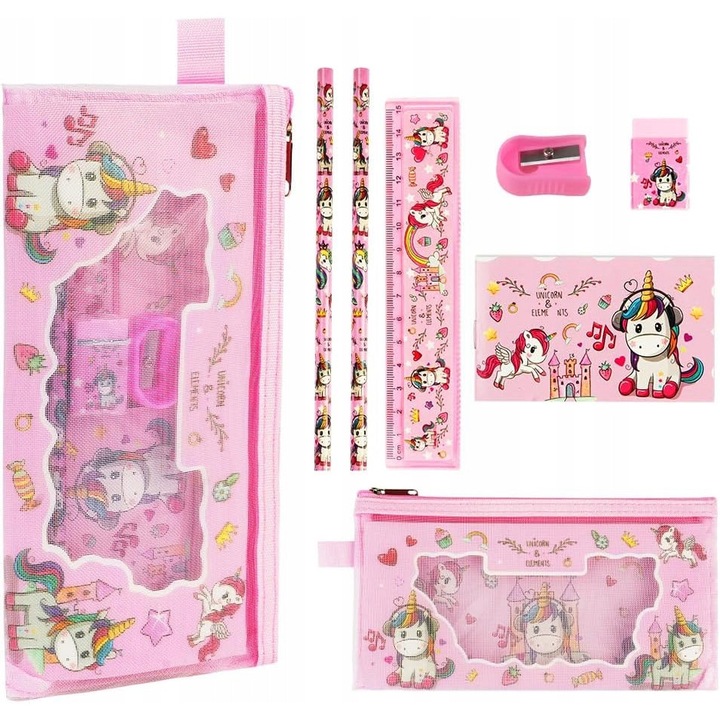 Set scolar pentru fetite, unicorn, 7 piese, culori vesele, dimensiuni universale