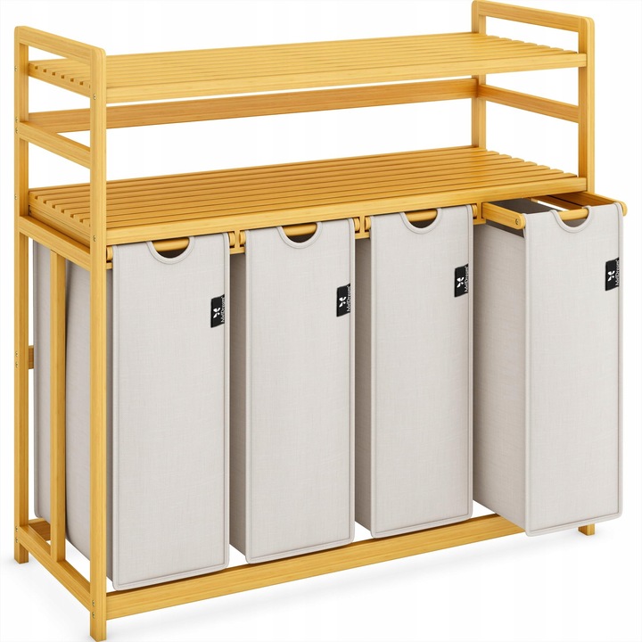 Cos pentru rufe, ADEL DREAM, 200L, 4 compartimente, 2 rafturi, bambus