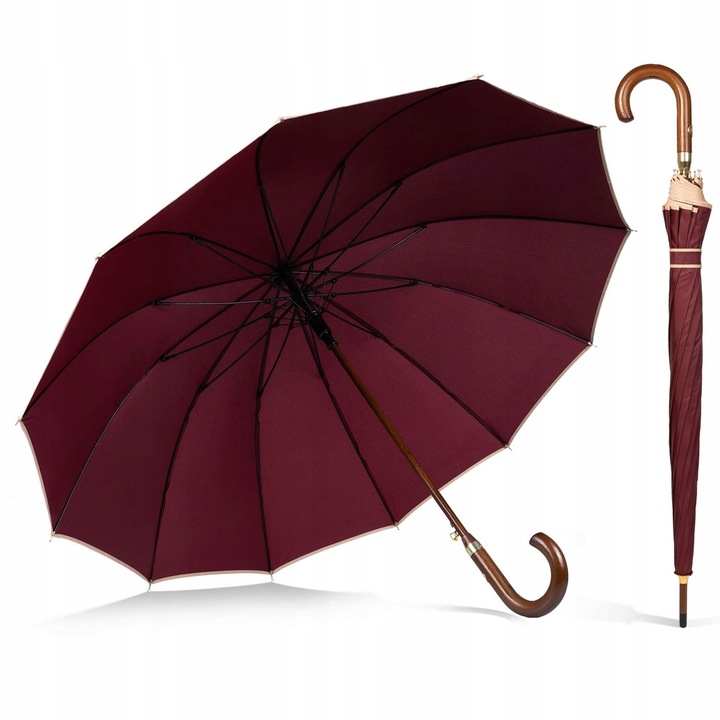 Автоматичен мъжки чадър, бордо, дървена дръжка