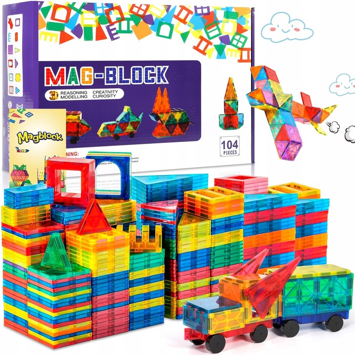 Магнитен конструктор, 104 елемента, за деца 3+, многоцветен