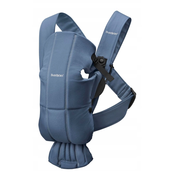 Marsupiu BabyBjorn Mini, 0-12 luni, 3,2-11 kg, Indygo, 53 cm, 3 pozitii de purtare